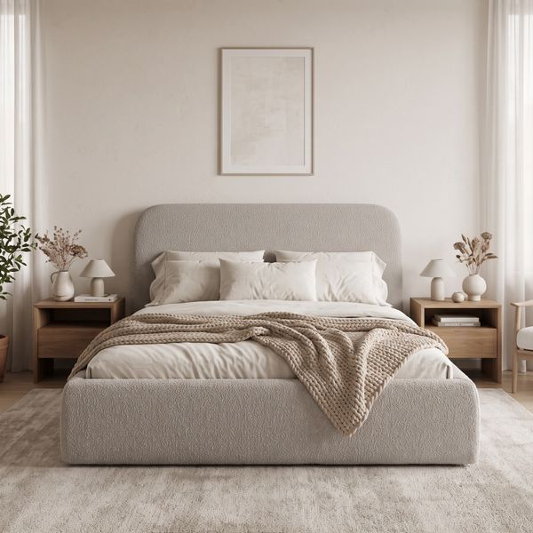 Ł&oacute;żko tapicerowane, dwuosobowe, Madera, 140x200, Premia, Boucle, 3, Stelaż drewniany
