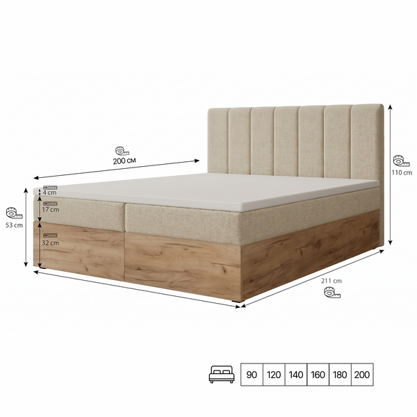 Continental double bed Mauritius, 120x200, Klasyczny, Boucle, 1, Bonell Premium, Bez toppera