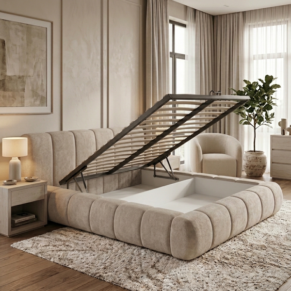 Upholstered double bed, Alanya, 90x200, Klasyczny, Boucle, 1, Stelaż drewniany