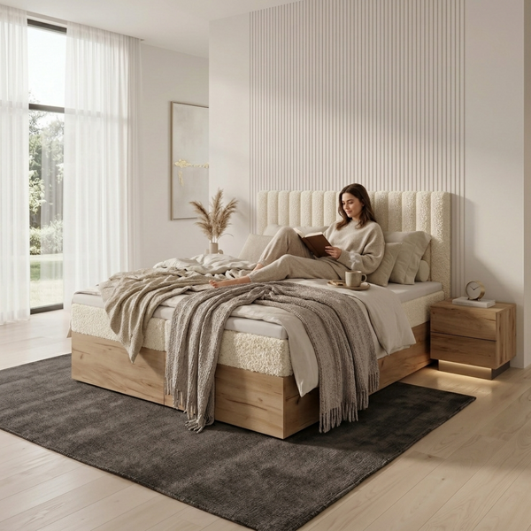 Ł&oacute;żko kontynentalne, dwuosobowe, Ibiza, 120x200, Klasyczny, Boucle, 1, Bonell Premium, Bez toppera